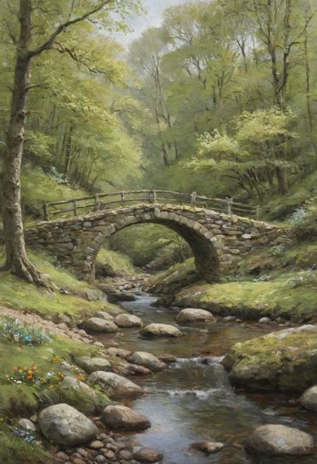 oil painting, Image depicts a serene, natural landscape featuring an old stone bridge arching over a gently flowing stream. The bridge is constructed from weathered stones, with moss and lichen adding texture to its surface. Surrounding the bridge are numerous trees with slender trunks and branches, some of which lean towards the water. The trees are in early spring foliage, with light green leaves creating a delicate canopy. The ground is a mix of soil, rocks, and a colourful display of small spring flowers, indicating a forested area. The stream below is clear, with visible pebbles and small rocks lining its bed. The overall scene is tranquil and picturesque, capturing the essence of a peaceful woodland setting.
