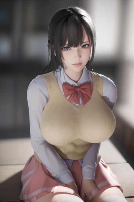 (day:1.7), sky background,a blue sky and clouds,
sitting at attention,sitting on couch,dynamic_posing,(Close-Up:1.3),
short skirt, pleated skirt, pink_skirt,school_uniform,long_sleeves,sweater vest, Red_Bowtie,
<lora:Fiona_PlayHome-KK77-V1:0.7>,thighhighs, white_legwear, zettai_ryouiki,
Black_long_hair, Bangs,
1 girl, Manga,20yo,mature female,Beautiful Finger,Beautiful long legs,Beautiful body,Beautiful Nose,Beautiful character design, perfect eyes, perfect face,
looking at viewer,(innocent_big_eyes:1.0),(expressionless:1.3),
official art,extremely detailed CG unity 8k wallpaper, perfect lighting,Colorful, Bright_Front_face_Lighting,
(masterpiece:1.0),(best_quality:1.0), ultra high res,4K,ultra-detailed,
photography, 8K, HDR, highres, absurdres:1.2, Kodak portra 400, film grain, blurry background, bokeh:1.2, lens flare, (vibrant_color:1.2)
(Beautiful,large_Breasts:1.4), (beautiful_face:1.5),(narrow_waist),