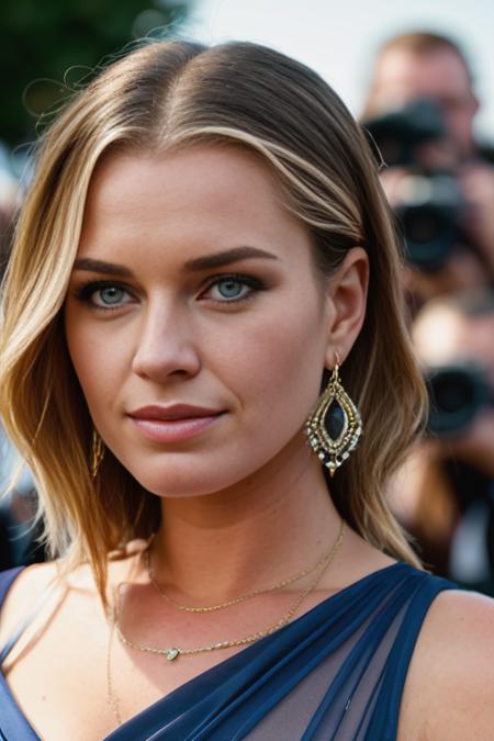 <lora:r3b3cc4:0.9>, a Realistic photo of r3b3cc4 woman, 1girl, solo, long hair, looking at viewer, smile, blue eyes, blonde hair, dress, bare shoulders, jewelry, upper body, earrings, blurry, lips, blurry background, red dress, realistic, soft lighting, professional Photography, Photorealistic, detailed eyes, RAW, analog, sharp focus, 8k, HD, DSLR, high quality, Fujifilm XT3, film grain, award winning, masterpiece