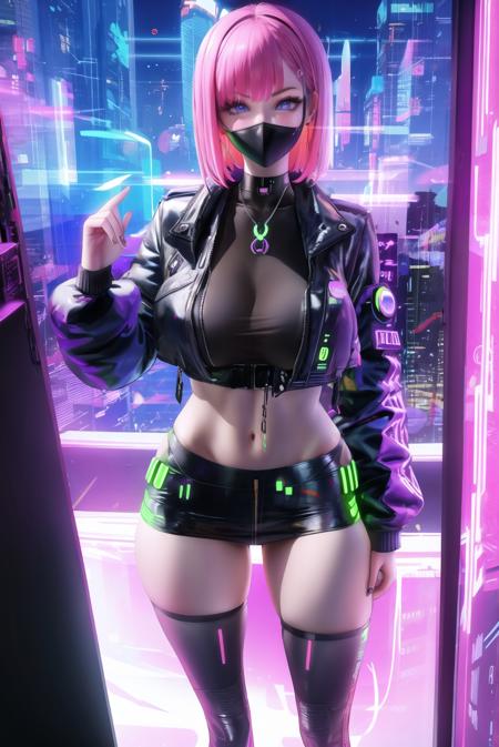 1girl, short hair,lucy \(cyberpunk\), cyberpunk,jacket,cyberpunk,neon lights,large breasts,cyborg,mask