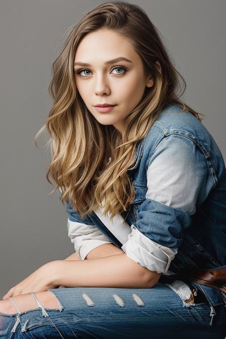 <lora:3l10ls3n:0.9>, a Realistic photo of 3l10ls3n woman with green eyes and blonde Hair style, long hair, looking at viewer, blue eyes, blonde hair, simple background, jewelry, sitting, pants, grey background, lips, torn clothes, crossed legs, denim, jeans, realistic, torn pants, torn jeans, soft lighting, professional Photography, Photorealistic, detailed eyes, RAW, analog, sharp focus, 8k, HD, DSLR, high quality, Fujifilm XT3, film grain, award winning, masterpiece