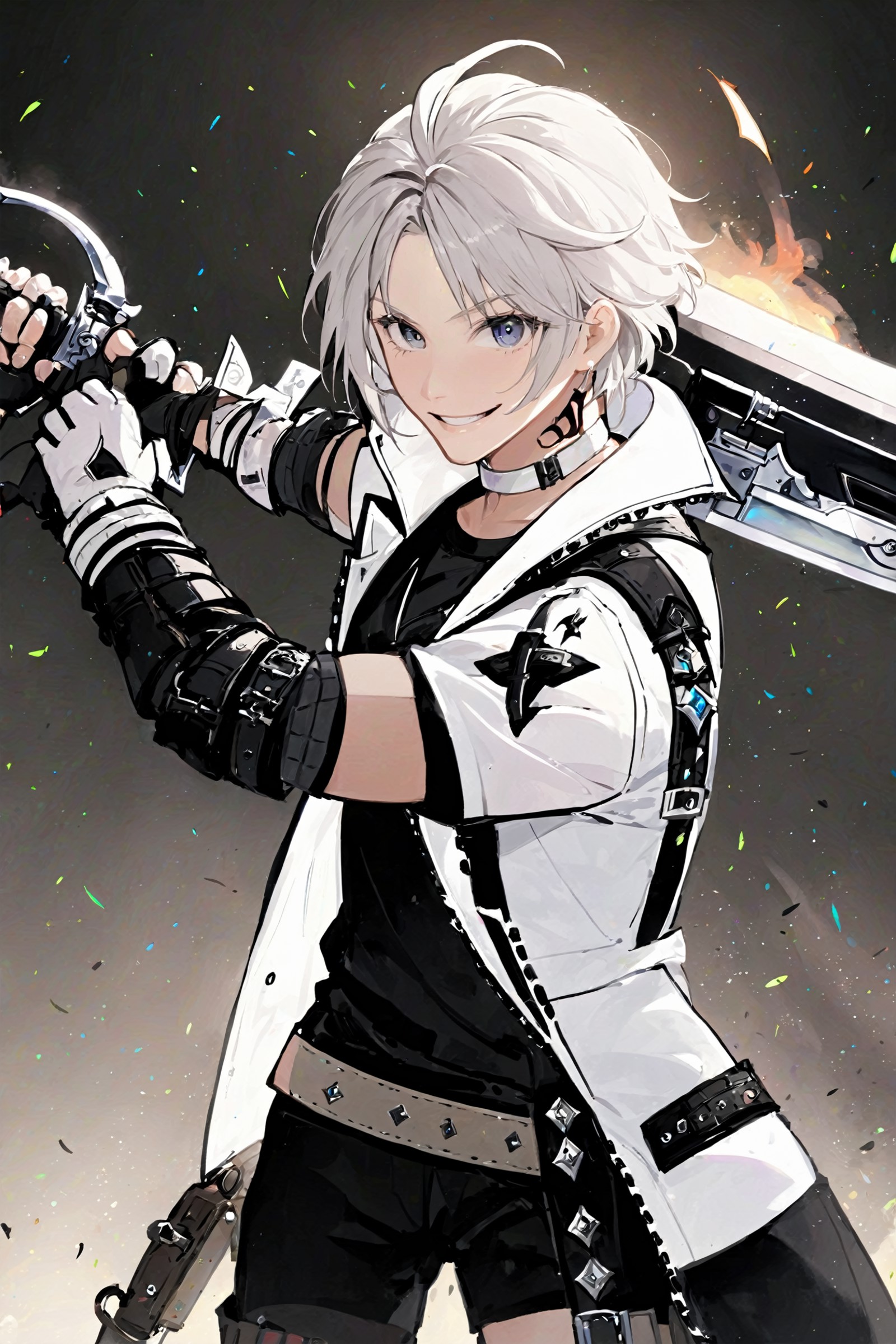 Thancred Waters,  looking at viewer,  smile,  shirt,  gloves,  holding,  jacket,  weapon,  choker,  black gloves,  belt,  ...