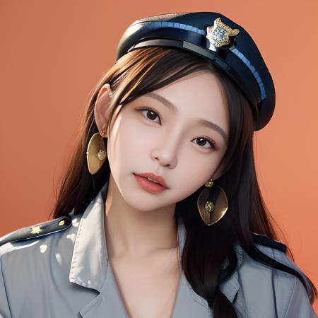 Mizuki_Lin, simple background,(Wearing a female police uniform and a police cap:1.4), good hand,4k, high-res, masterpiece, best quality, head:1.3,((Hasselblad photography)), finely detailed skin, sharp focus, (cinematic lighting), soft lighting, dynamic angle, [:(detailed face:1.2):0.2],midriff peek, medium breasts, breasts,(((inside mansion))),1girl, jewelry,earrings, orange_sky, solo, long_hair, upper body, grey eyes, looking at viewer,black hair,Fashion,(head tilt:1.4), red background, lips, slightly smile<lora:1260+540lr5+1200lr25:1>