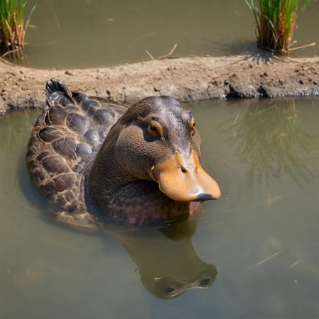 a duck-Hippopotamus-hybrid, (duck body:1.3), (Hippopotamus head:1.1) with a (duckbill:1.2), swimming on a small pond, nearly transparent clear water, insects, 16k, UHD, insane details, award-winning photo,  <lora:xl_more_art-full_v1:0.5>, <lora:add-detail-xl:0.5>