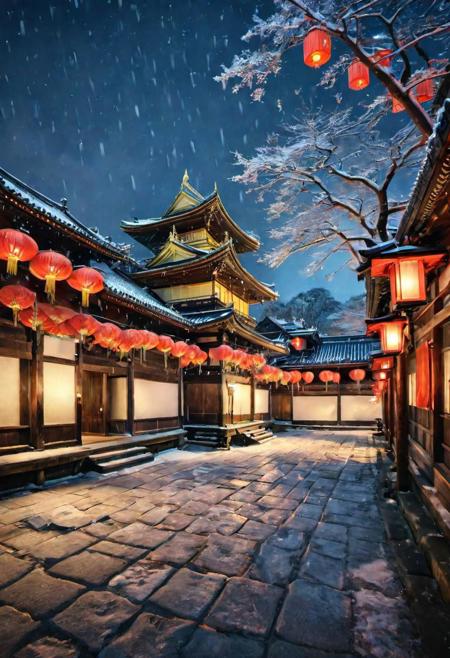 Luxury environment, at night, grand Palace of the Feudal Japan, winter background, red flags, extremely beautiful, photography style, ultra detailed, hyper-realistic, orientalism, by National Geographic