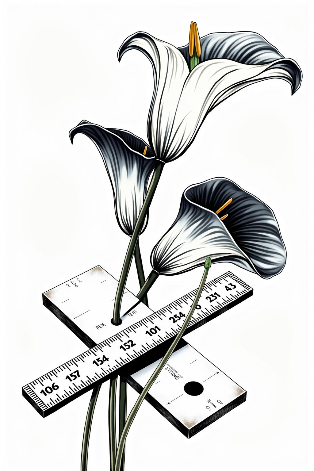 Dark Moody Atmosphere, line art drawing black and white with vibrant ivory-black,cadmium-yellow-deep,mauve-blue-shade accents, sharp clean lines, high contrast, complimentary color theme, three open white lilies with curved stems, the lilies intertwine with an oversized right-angle two-piece beige carpenter square tool with imperial measurement markings, 2D flat illustration, optical illusion, in memoriam simplistic artwork, somber solumn theme, in the style of M.C. Escher, line art, bright white background . professional, sleek, modern, minimalist, graphic, line art, vector graphics, dramatic, mysterious, dark moody atmosphere