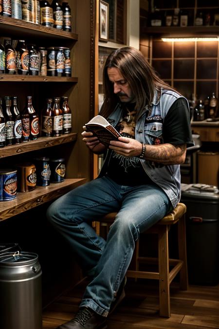 color photo,30 years old man ozzakcs1 sitting in the kitchen,reading beer catalog book,serious,intricate lighting,highly detailed background,Fujifilm XT3,analog style <lora:ozzakCs1v1:0.56>