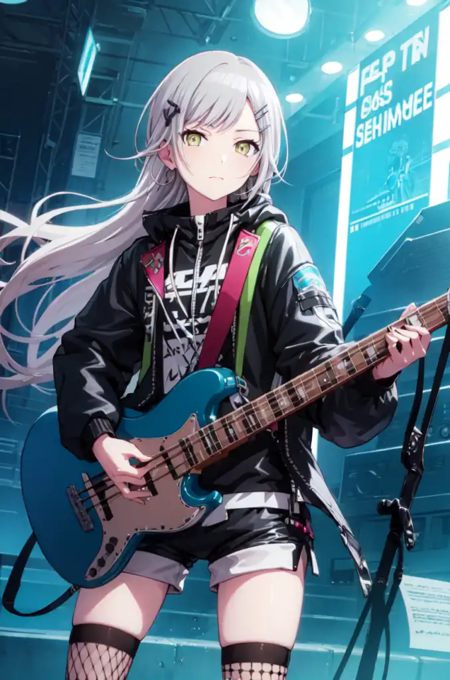 shiho_h, long hair, looking at viewer, hair ornament, thighhighs, long sleeves, holding, jewelry, closed mouth, standing, jacket, yellow eyes, white hair, cowboy shot, earrings, shorts, hairclip, english text, black jacket, black shorts, instrument, fishnets, music, guitar, playing instrument, holding instrument, electric guitar, bass guitar, neon lights