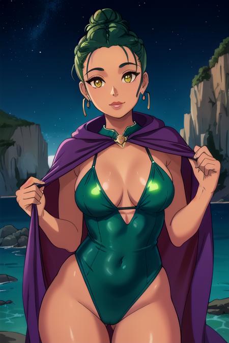 SFW, 1Girl, Adult, (cute Cape Verdean:1.2) woman, medium breasts, very short dark green braided bun hairstyle, wearing green one-piece swimsuit outfit, amethyst jewelry, Armored Dress accents, glowing iris, yellow eyes, awe expression, slick psychedelic glass ambience with mountain background, luscious beauteous splashing ambience with ocean background, cinematic lighting, depth of field, bokeh, realism, photorealistic, hyperrealism, professional photography, uhd, dslr, hdr