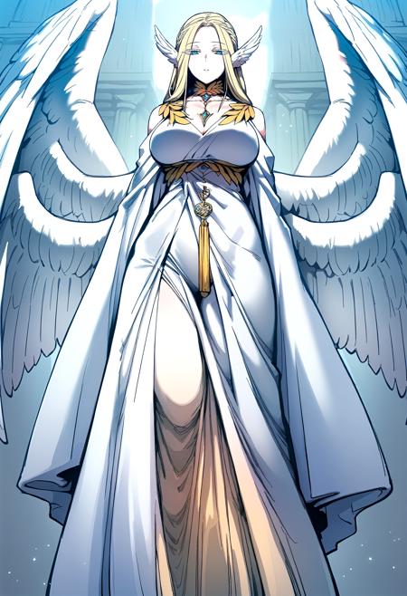 blonde hair, long hair, angel wings, blue eyes, head wings, feathered wings, white wings, braid, colored eyelashes, multiple wings white dress, jewelry, necklace, cleavage