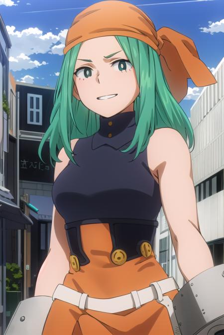 emifukukado, <lora:emi fukukado s3-lora-nochekaiser:1>,
emi fukukado, long hair, (green eyes:1.5), (bright pupils:1.5), green hair, smile,
BREAK skirt, shirt, gloves, bare shoulders, school uniform, white shirt, sleeveless, belt, bandana, orange gloves,
BREAK outdoors, city, sun, clouds, sky,
BREAK looking at viewer,
BREAK <lyco:GoodHands-beta2:1>, (masterpiece:1.2), best quality, high resolution, unity 8k wallpaper, (illustration:0.8), (beautiful detailed eyes:1.6), extremely detailed face, perfect lighting, extremely detailed CG, (perfect hands, perfect anatomy),