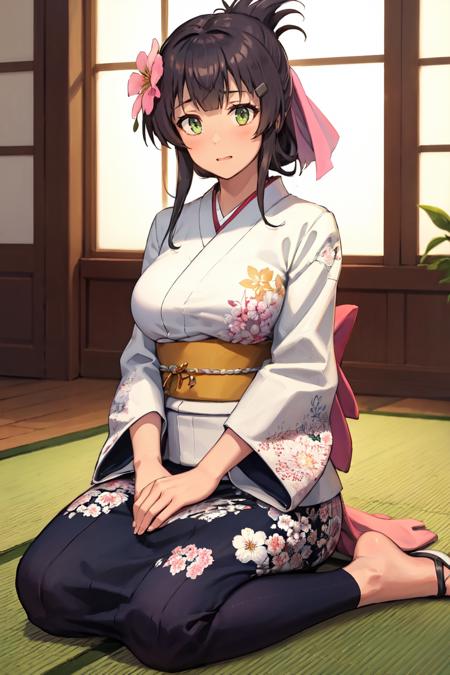 masterpiece, best quality, absurdres, 1girl, solo, MaiYanase, hairclip, folded ponytail, hair ribbon, indoors, kimono, hair flower, floral print, wariza, sitting, hands on own knees, <lora:MaiYanase:1>