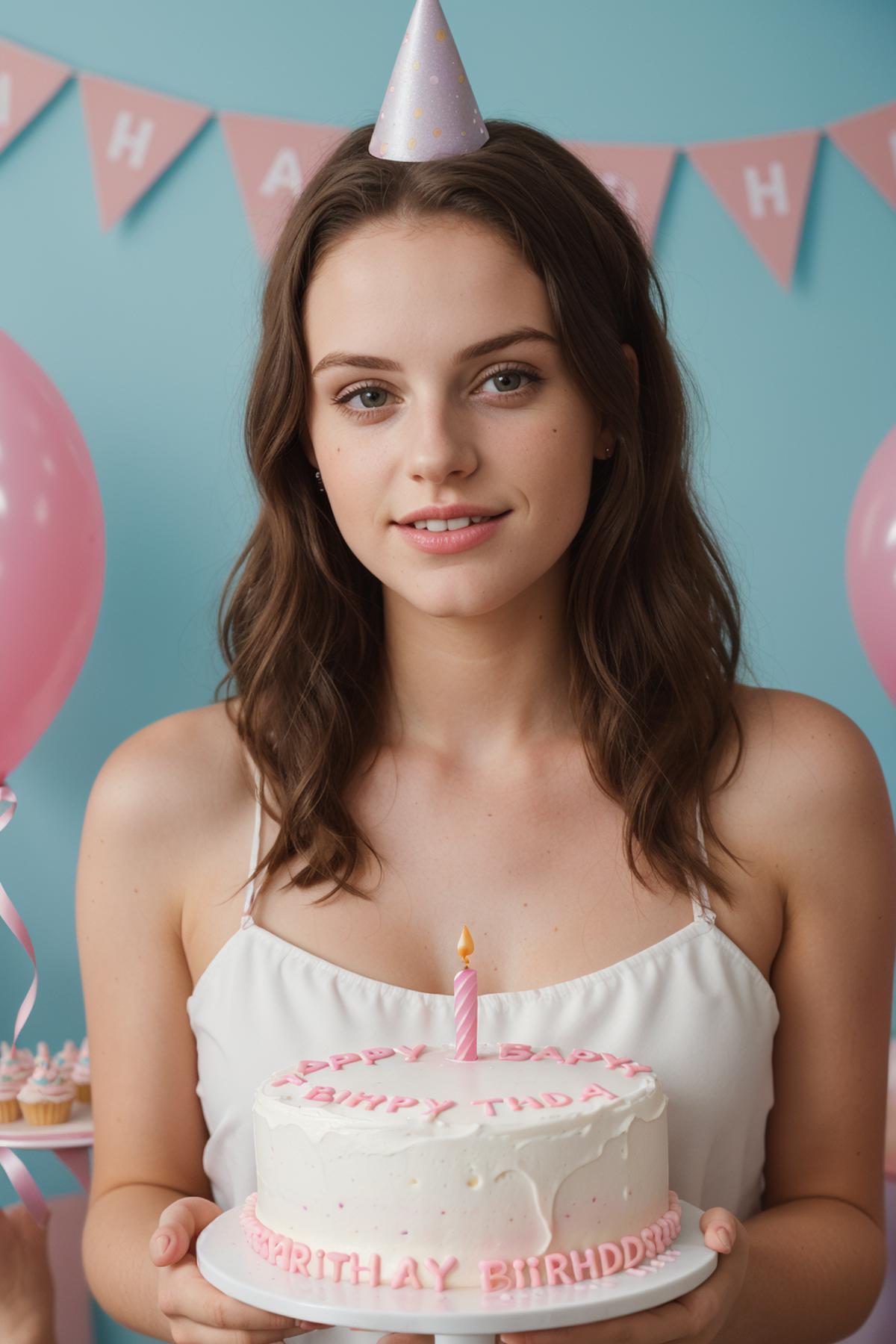A woman is wearing a white dress and blowing out candles on her birthday cake.