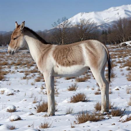 masterpiece, photorealistic, best quality, 8k,  water, river, snow,
 equus kiang, realistic, solo, day, animal, outdoors, field, full body,  <lora:equus_kiang_v1:0.83>