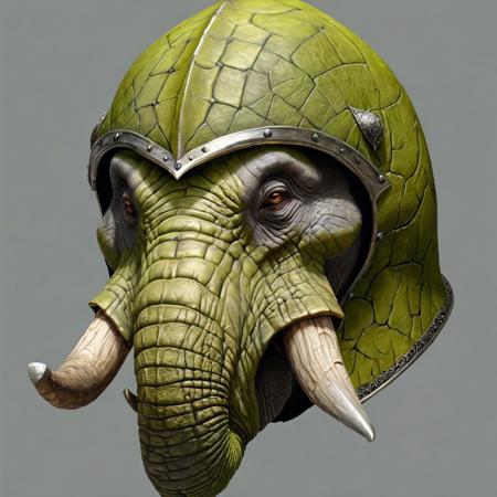 SYDE VIEW, hyper-realistic, Realism, HDR, detailed, medieval warior style, chartreuse elephant-troll skin , more troll then elephant, (full helmet with mask), simple gray background, SIDE VIEW