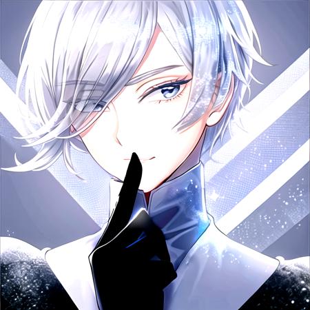 masterpiece, 8k uhd, serious girl, put finger to lips, detailed face, very short white hair, sparking hair, correct hads, gloved, black gloves, looking at viewer, close up, winter <lora:Antarcticite_V3:0.8>