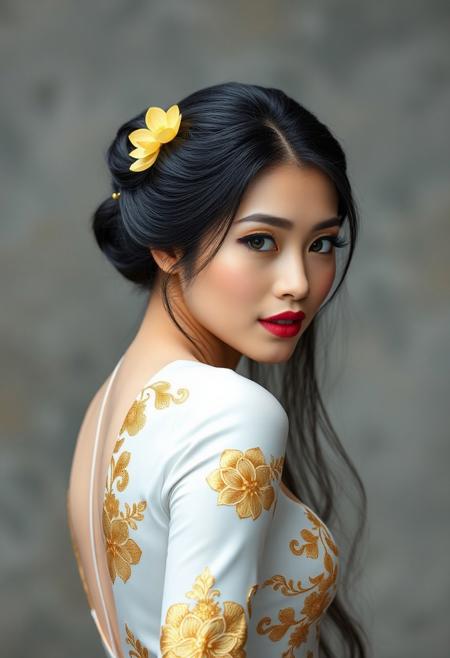 a gorgeous 25 years old asian woman, very pale skin, black very long hair in elegant updo with yellow lotus flower hairpins, long black eyelashes, black mascara, black eyeliner define her big beautiful dark green eyes, golden glittering eyeshadow, luscious sensual pink glossy lips, rouge, sexy curves, big breasts, very long elegant white dress with golden flower pattern, turns her head at viewer sensually and dominantly