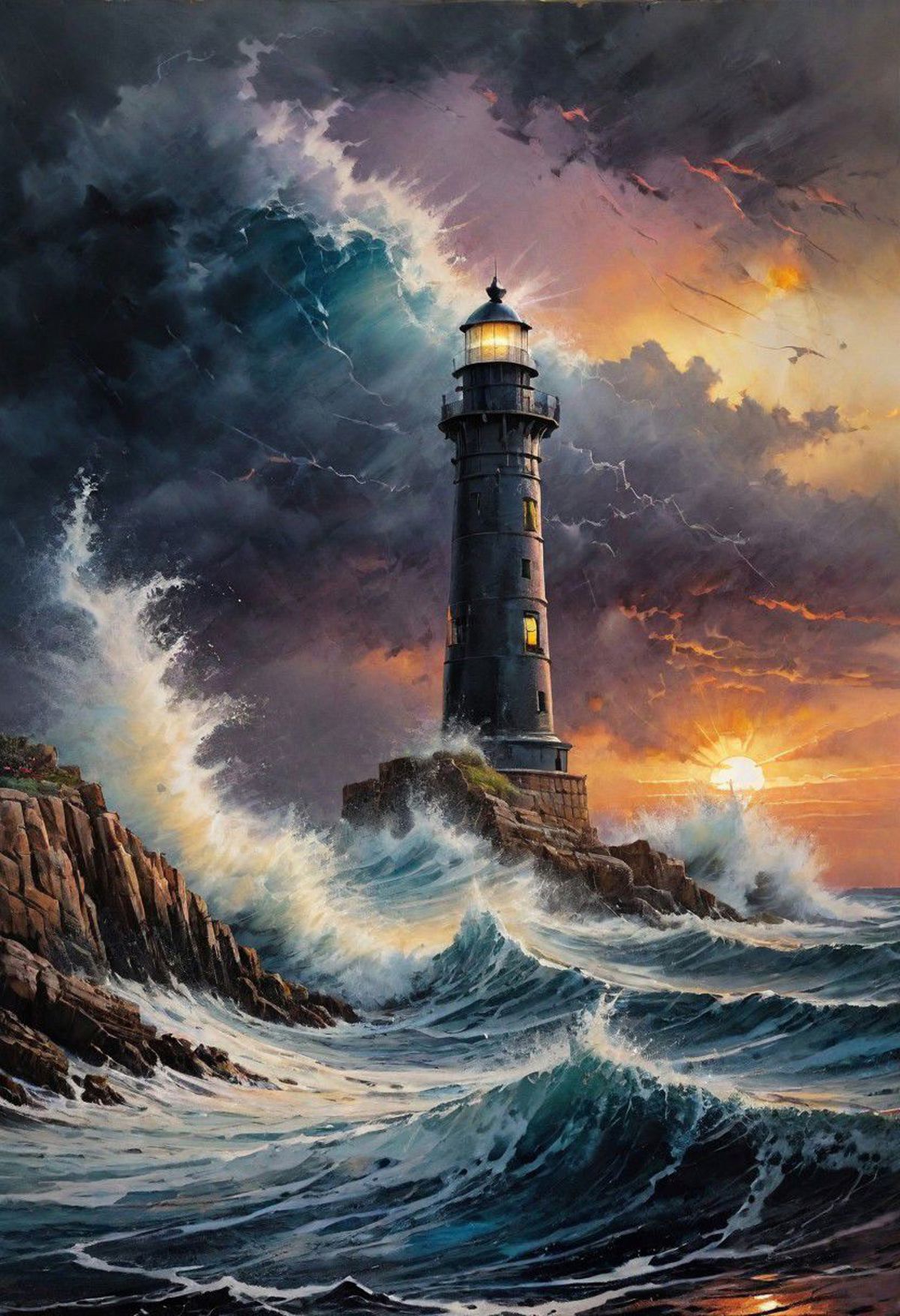 A painting of a lighthouse at sunset on a rocky shore