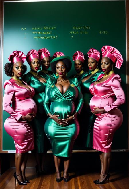()Hyoer Realistic:2.0)Polaroid picture of 
a hyper realistic Movie Still of (80 years old ((busty:1.3)) (((african american))) women) 
 of a group of stern, suited College Board of Trustees (Standing exposing large breasts ),  tiny microskirt that barely covers her ass:1.3) (hyperPregnant:3.3)their (possessed glowing eyes:1.70) glazing over as they fall under the hypnotic spell of a circle of Alpha Kappa Alpha Sorority Sisters.
The  (70 year old busty african american sorority sisters standing in front of the Board, resplendent in their pink and green attire:1.85) , gaze intensely at the trustees, their hands weaving intricate patterns in the air as they chant in unison.( The trustees' faces slacken, their pupils dilating as they succumb to the sisters' mesmerizing power:1.65)
(In the background, a giant budget spreadsheet displays a rapidly increasing total, the numbers spinning wildly out of control as the trustees, now completely entranced, nod in unison to allocate infinite funds to the Greek Life budget.:2.00) (Capture the surreal, mind control::2.80)