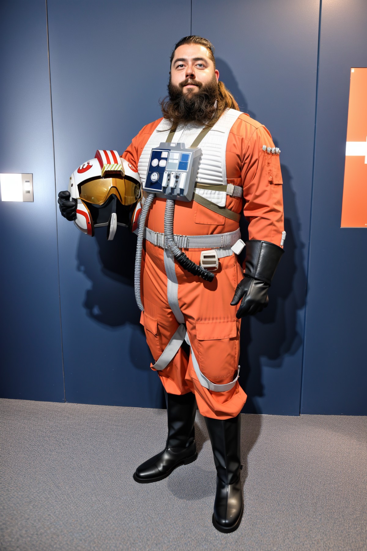 man with ponytail and big beard in rebel pilot suit,long hair,holding helmet,space base<lora:RPSV3:0.8>