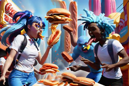 cookout food fight a girl and men with blue hair are standing in a city, in the style of pixelated realism, colorful futurism, fang lijun, bryce 3d, paul corfield, installation-based, bold palette