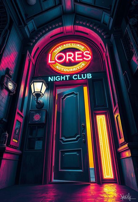 A nightclub door, focus on the door, view from below, in the style of an oil painting, scifi, cosmic, astral, ziggurat , neon spotlights, neon signs