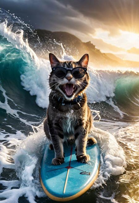 A mesmerizing photograph frozen in time, showcasing a cat skillfully surfing on a surfboard amidst towering waves. The cat, sporting trendy sunglasses and an open-mouthed grin, is captured mid-ride as water splashes around it, adding to the sense of motion and drama. The photograph's high contrast and dramatic lighting enhance the intensity of the scene, transporting viewers to the heart of the action