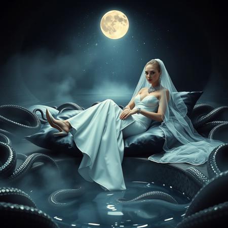 A refined, slender norvegian arrogant princess in an impeccable white  high slit transparent chiffon wedding dress, draped with a delicate slime film veil, adorns silver high heels, an elegant silver collar and handcuffs, and sparkles with diamond earrings, reclines amidst glossy black slime pillows, enveloped by snaking tentacles, illuminated by a single, dim light beam, in the heart of a dark, foreboding alien hangar. The air is heavy with fog wafting from a gaping hole in the floor, filled to the brim with gleaming, transparent slime, as an ancient, celestial portal beckons in the distance, set against a backdrop of twinkling stars and a glowing moon. Close-up.