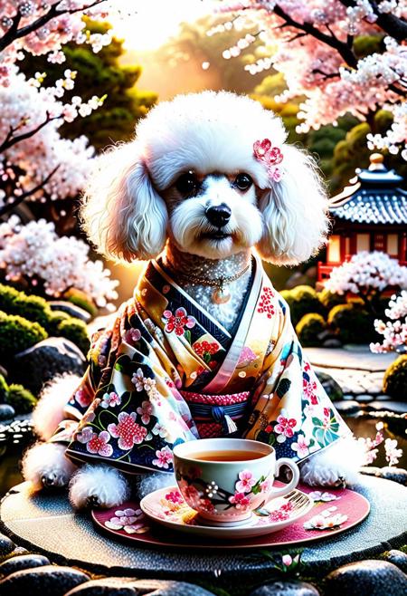 Pearlum, A fluffy, adorable poodle with a charming personality, sitting on cherry blossoms painted teacup gracefully posed in a vibrant, exquisitely crafted kimono. many cherry blossoms, cherry blossoms painted, The scene is bathed in a warm, golden light, showcasing the intricate details of the kimono's design. The poodle's furry coat contrasts beautifully with the delicate fabric, creating a captivating interplay of textures. The backdrop is a traditional Japanese garden, with a gentle mist rising from a tranquil pond, adding a surreal touch to the image. The entire scene is infused with a sense of elegance and uniqueness, capturing the essence of beauty and charm.<lora:Pearlum_World_Morph:1>