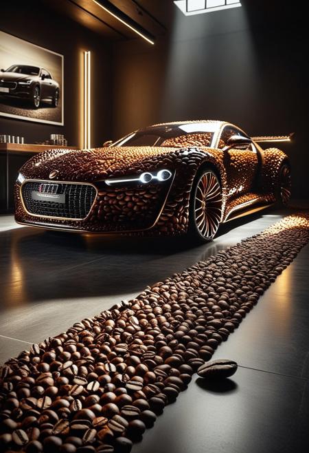 coffee beans, futuristic concept car made entirely from sculpted and polished coffee beans, aerodynamic and elegant design, deep brown and amber tones, glossy textures with soft micro-reflections on the coffee bean surface, high-end showroom lighting setup, cinematic reflections on the floor, soft backlight creating glowing silhouette edges, depth of field with blurred background, dramatic lighting from above and side, artistic shadows under the chassis, ultra-detailed, photorealistic materials, automotive photography, studio environment