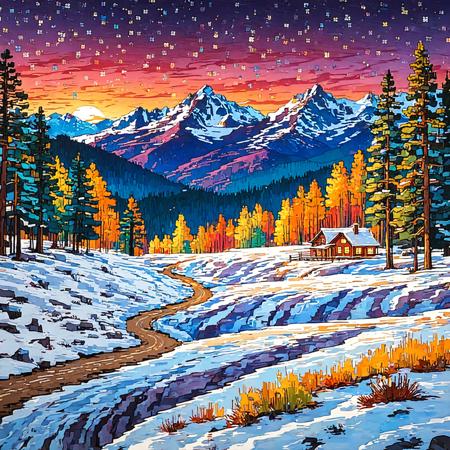 (in winter:1.3), (at the end of a trail:1.2), (vibrant scenery:1.6), breathtaking view, A lush mountain forest nestled among towering pine trees, covered in a frosty glow resembling a blanket of snow on a mountain top, shimmering moonlight illuminating the scene, golden hour casting a warm, soft light around the area, creating a cozy ambiance reminiscent of a winter night, vibrant colors exude from the setting sun, evoking feelings of nostalgia and warmth, while vivid mountains make way for soft and gentle slopes, their gentle curves reflecting the tranquility of the moment. The air is filled with the scent of pine trees, wildflowers and even tiny stars peeking through the clouds, creating a perfect night sky with every star's name written out in a book, capturing the beauty of the frozen landscape like a tapestry by day, where each detail feels like a miniature city, painted with brushstrokes and ink lines