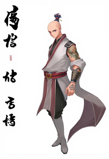 game character, chinese clothing, original art design, solo, baldness, 1boy, male focus, tattoo, white background, full body