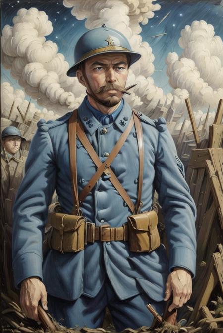 Painting of a WW1 French soldier holding his rifle in a trench, huge beard, smoking his pipe, artillery, explosions, dark skies, Dugouts,Trenches,Cemeteries, Frozen, Smoke,Choking dust, Ominous,Tenebrous,Grim, Disillusionment,Mourning, Tangled roots, Alla prima, Leading lines, Earth tones, in the style of (Ren Magritte,Max Ernst:1.1), dark, ultra detailed, intricate, surrealism, oil on canvas, dry brush<lora:ww1_french_soldier_v0.2:0.66>