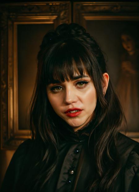 <lyco:Nadja:0.9> upper body portrait of nadja, skswoman, green eyes, makeup, wearing black gothic dress, double bun, bangs, half opened mouth with blood, (vampire fangs:1.2), doll nearby, background blurred inside a mansion with (sargs:1.2), very old paintings in the wall, (low light:1.2)  <lora:epiNoiseoffset_v2:1>