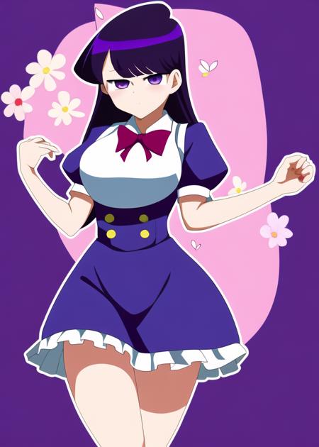 ((komi shouko)), anime, komi shouko wearing a maid outfit, purple eyes, ((full body)), detailed, embellishments, masterpiece, (vibrant)