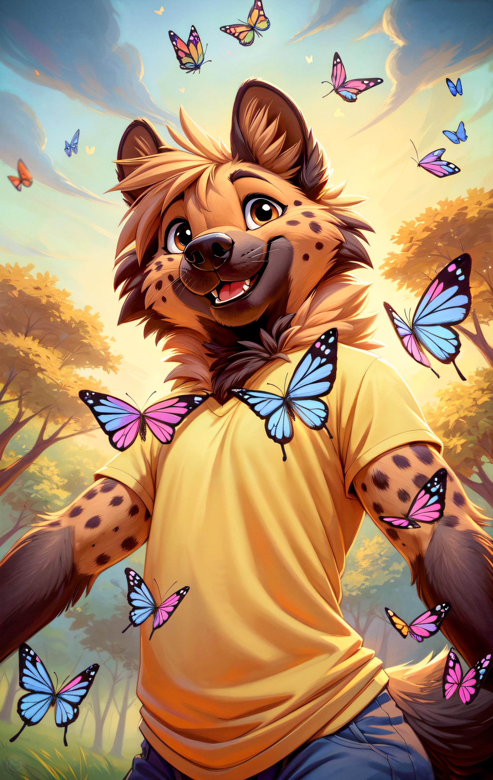 A cartoon image of a dog wearing a yellow shirt and surrounded by butterflies.