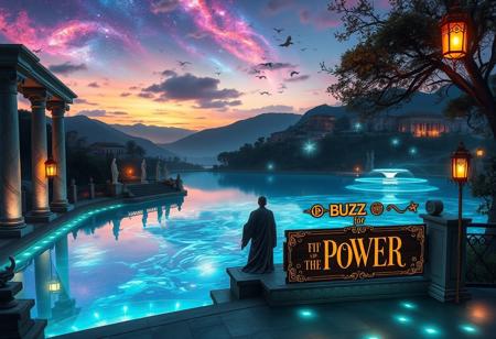 A mystical landscape at twilight, centered around a glowing crystal lake reflecting vibrant nebulae and distant galaxies. Grand marble columns and statues reminiscent of Italian architecture line the shores, adorned with glowing vines. Towering bioluminescent trees with ornate branches softly illuminate the scene, while terraced villas and cascading fountains, inspired by Tuscany, rise in the distance. Iridescent mountains blend with the luminous clouds above, creating a dreamlike horizon.
In the foreground, a figure in flowing robes reminiscent of Renaissance nobility stands on a stone piazza leading to the lake. Around them, floating orbs of light and ancient runes circle as they weave a magical spell. Nearby, an elegant wooden sign made from polished mahogany, with intricate scrollwork and gilded edges, reads ‘BUZZ for POWER’ in glowing calligraphy, perched atop a stone pedestal. Golden lanterns sway in the gentle breeze, adding warmth to the serene atmosphere. The entire scene is a fusion of otherworldly beauty and timeless Italian elegance, where nature, art, and magic blend in perfect harmony