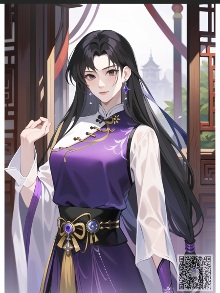 <lora:sowrd_and_fairy_linyueru_lora_v1.0:1> linyueru \(sword and fairy\), 1girl, solo, black eyes, detailed eyes, beautiful eyes, hair ornament, long hair, black hair, earrings, jewelry, medium breasts, purple dress, long sleeves, chinese clothes, purple clothes, purple footwear, upper body