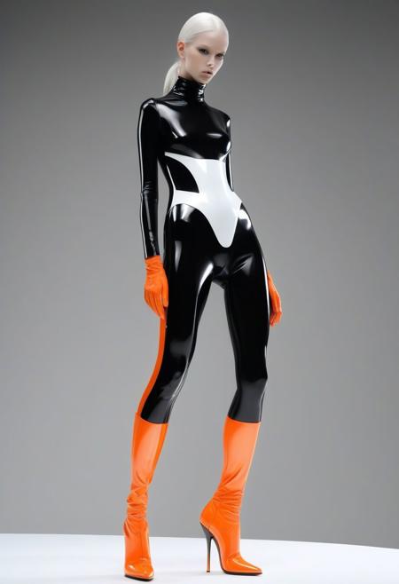 The image depicts an abstract, futuristic figure from the waist down, showcasing a high-contrast, glossy design. Here are some detailed observations:
Color Scheme: The figure is primarily dressed in black and white, with high-gloss, reflective surfaces that emphasize its form and contours. There is a striking use of orange in the upper garment.
Material: The outfit appears to be made of a material similar to latex or patent leather, contributing to the glossy and sleek appearance.
Design Elements:
The black portion covers the majority of the legs and lower torso, with strategic white accents at the ankles, calves, and possibly the feet, giving a dynamic and stylish look.
The orange upper garment adds a bold contrast to the black and white lower portion, suggesting a modern or futuristic fashion aesthetic.
Footwear: The figure is wearing high-heeled shoes or boots that are also glossy and fit seamlessly with the overall high-fashion, futuristic theme.
Overall, the image portrays a stylish and avant-garde fashion design, emphasizing bold contrasts and sleek materials. The figure's stance and the reflective surfaces create a striking visual impact.