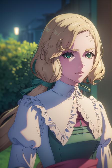 castlevaniamaria, long hair, blonde hair, (green eyes:1.5), hair bow, bow, green bow, low ponytail, long sleeves, dress, puffy sleeves, pink dress, sash, green sash, collar, white collar,