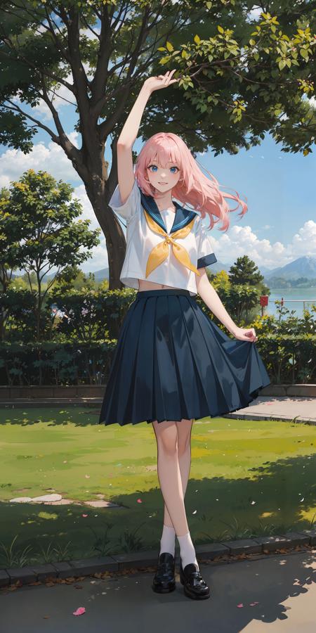 <lora:serafuku:0.6>, best quality, 1girl, long hair, blonde hair, blue eyes, (white/black/green/blue/pink/yellow japanese school shirt), sailor collar, neckerchief, short sleeves, black/green/blue/pink/white/yellow skirt, white socks, black shoes, smile,full body, dancing, outdoors, park, lawn, trees, sunshine, lake, mountains, flowers,