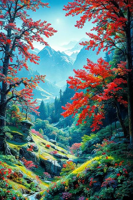 The gorgeous oil painting designed by AI show a palace-level design sense and are pleasing to the eye. The design color is mainly green red purple like spring landscape with early morning sunlight. Midjourney_Whisper