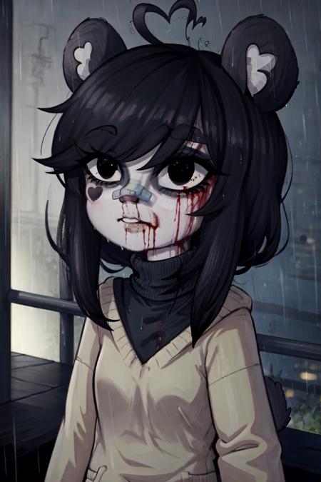 kenny \(kenashcorp\), 1girl, (panda, panda girl), furry, panda ears, heart ahoge, animal nose, black and white fur, black arms, eyes makeup, black eyes, panda tail, cheek heart, black hair, medium hair, black sweater, turtleneck sweater, <lora:Kenny_Ashcorp:0.9>, <lora:yllicft:0.85>, yllicft, solo, rain, injury, blood on face, bandaid on face, bandaid on nose, looking up