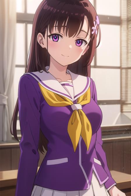 hitomihino, <lora:hitomi hino s1-lora-nochekaiser:1>,
hitomi hino, long hair, black hair, hair ornament, (purple eyes:1.1), smile,
BREAK skirt, school uniform, pleated skirt, serafuku, white skirt, shirt, purple shirt, sailor collar, white sailor collar, long sleeves, neckerchief, yellow neckerchief,
BREAK indoors, classroom,
BREAK looking at viewer, (cowboy shot:1.5),
BREAK <lyco:GoodHands-beta2:1>, (masterpiece:1.2), best quality, high resolution, unity 8k wallpaper, (illustration:0.8), (beautiful detailed eyes:1.6), extremely detailed face, perfect lighting, extremely detailed CG, (perfect hands, perfect anatomy),