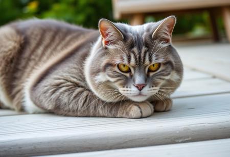 a close-up photograph of a Scottish Fold cat lying on a wooden surface, the cat is a medium-sized breed with a soft, silky coat of grey fur, characterized by vertical, horizontal stripes of varying shades of grey, its eyes are bright yellow, with a serious, happy expression, and its nose is slightly upturned, giving it a sultry appearance, its ears are small and pointed, and it has a small, pinkish-brown patch on its forehead, the background is blurred, but it appears to be an outdoor setting with greenery and a hint of a wooden structure, possibly a bench or a table, in the distance, the wooden surface is weathered and has a light gray color, with visible grain patterns, the overall mood of calm and serene, with the cat positioned slightly off-center, making it the focal point of the image, the lighting is soft and natural, enhancing the texture of the wood and the cat's fur, a close-up portrait of a cat, captured in a relaxed pose on a wooden deck. The cat's fur is a mix of gray and white stripes, with its eyes being a striking shade of amber. The background is blurred, emphasizing the cat as the main subject, and the deck appears to be made of dark wooden planks. The overall style of the image is candid and natural, capturing the essence of the cat in its environment, credit to lo_fi, (grumpy:-1.5)