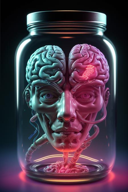 3d render, 4d render, a human head, human brain, in a jar, growing brain, neonpunk, neon lights, ultra complex details, intricate details, 35mm, depth of field, sharp focus,