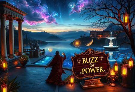 A mystical landscape at twilight, centered around a glowing crystal lake reflecting vibrant nebulae and distant galaxies. Grand marble columns and statues reminiscent of Italian architecture line the shores, adorned with glowing vines. Towering bioluminescent trees with ornate branches softly illuminate the scene, while terraced villas and cascading fountains, inspired by Tuscany, rise in the distance. Iridescent mountains blend with the luminous clouds above, creating a dreamlike horizon.
In the foreground, a figure in flowing robes reminiscent of Renaissance nobility stands on a stone piazza leading to the lake. Around them, floating orbs of light and ancient runes circle as they weave a magical spell. Nearby, an elegant wooden sign made from polished mahogany, with intricate scrollwork and gilded edges, reads ‘BUZZ for POWER’ in glowing calligraphy, perched atop a stone pedestal. Golden lanterns sway in the gentle breeze, adding warmth to the serene atmosphere. The entire scene is a fusion of otherworldly beauty and timeless Italian elegance, where nature, art, and magic blend in perfect harmony