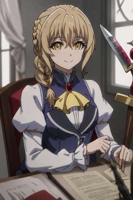 best quality, masterpiece, highres, solo, {guild_girl_goblinslayer:1.15}, blonde_hair, braid, yellow_eyes, long_hair, ascot, hair_between_eyes, smile, anime_coloring, 1girl, looking_at_viewer, parody, sitting, sword