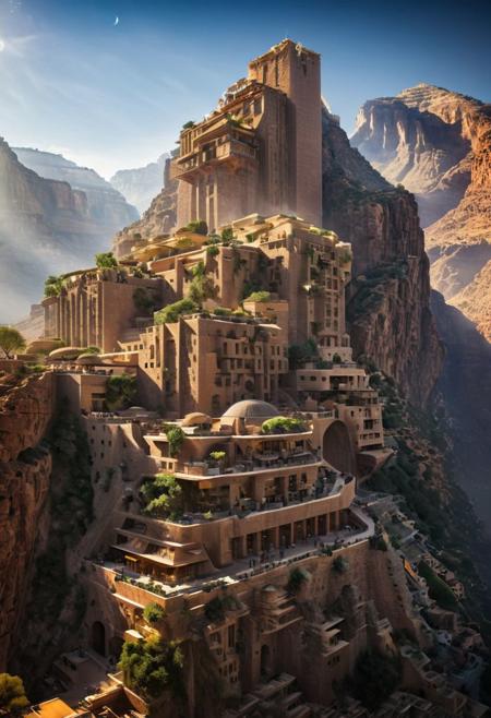 (The colonial city of the future, in the mist-filled Grand Canyon, on an unknown Earth-like planet, 2 moon on sky, Spaceship flight connects colonies, waterfulls:1.3), (Machu Picchu, a mountain settlement, incredibly spectacular:1.2), (Mario Botta:1.3), (avant-garde, future, reality, science fiction, photorealistic), (modern architecture:1.2), 
(Large Files, Ultra Realistic, 8K, 16k, FHD, HD, VFX, Perfect, Photography, composition, Architecture Sales Photography, Architecture Competition, Ultra High Resolution, Cinematography, High Resolution Image:1.1), (dramatic lighting, direct sunlight, ray tracing, clear shadow:1.2),  (real landscape:1.1), (blurred background:1.0), (urban background, more_details) ,
ac_neg1, great lighting, clear, hillscastel, extrusionbuilding, vertical