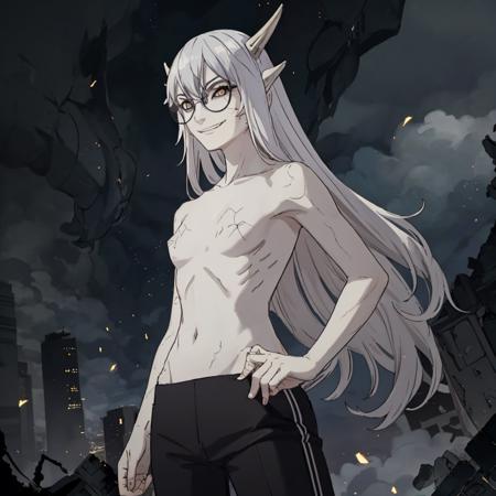 snake yakushi kubato, 1girl, solo, ((long sliver hair)), slitted pupils, round glasses, slim waist,(((girl))), girl, cowboy shot, one hand on hip, smiling, maniacal, evil smile, creepy, ((naked upper body)),  medium breasts, ((black trousers)), white skin, fighting position, battlefield background, snakes, dynamic angle,  leering, long hair, rubble, ruins, war, stormy dark sky, side profile